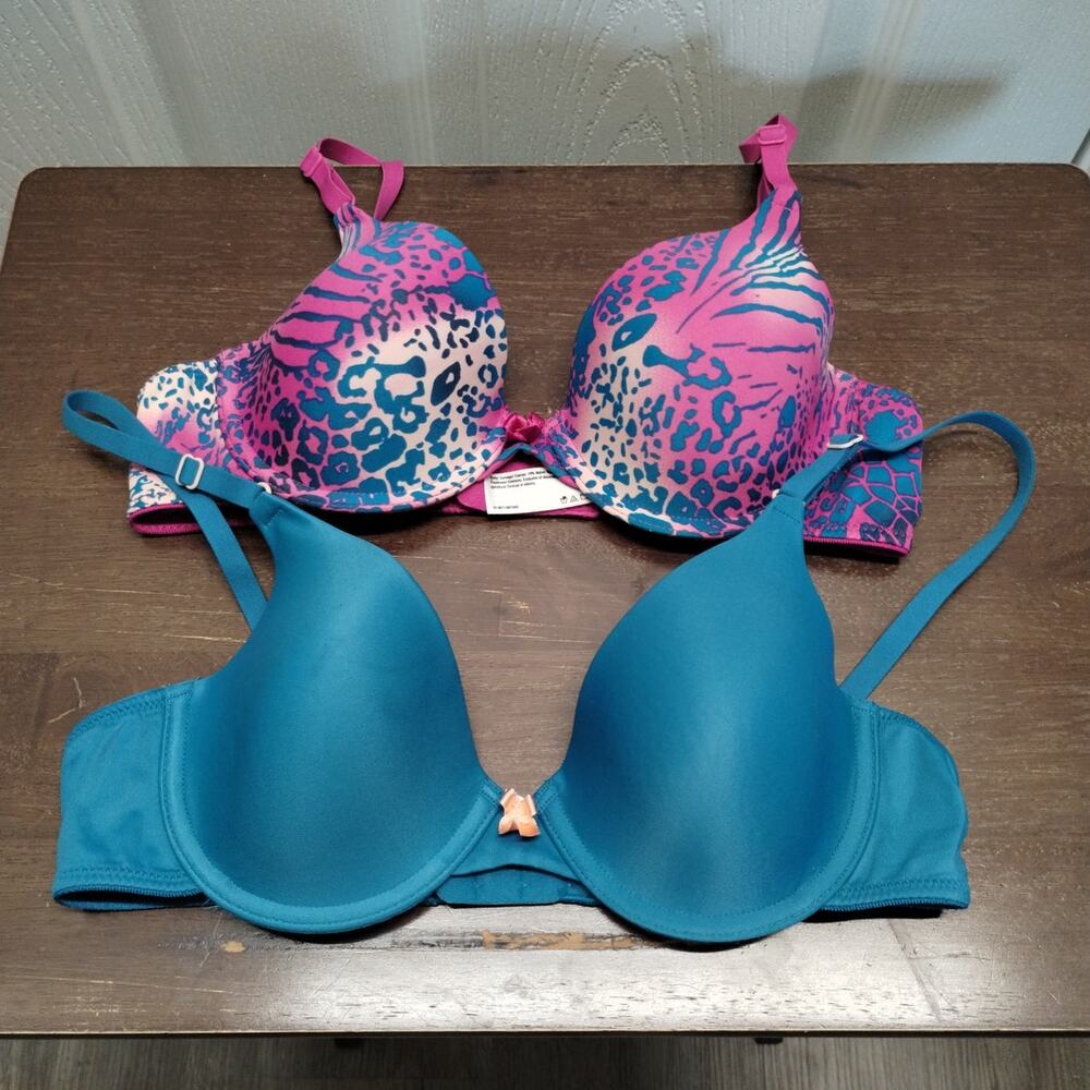 Maidenform Set of 2 Size 34B Blue Pink One Fab Fit Padded Underwire T-Shirt Bras